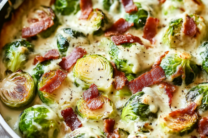 Creamy Garlic Parmesan Brussels Sprouts with Bacon