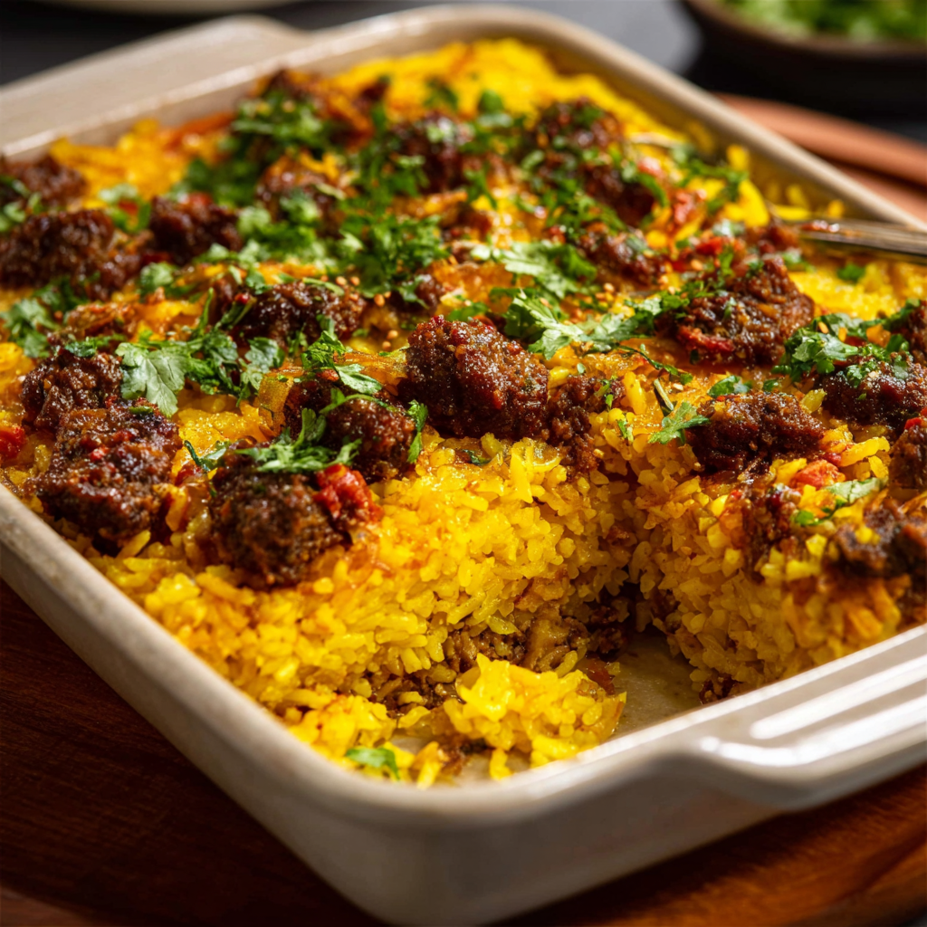Golden Saffron Rice Bake with Spiced Meat - Snack On Meat